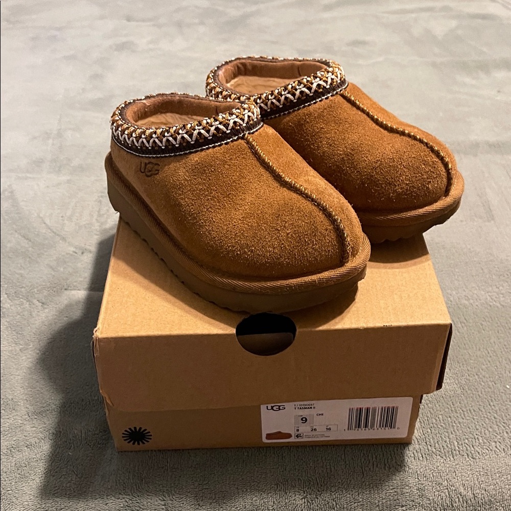 UGG Kids Tan Slippers with Patterned Trim